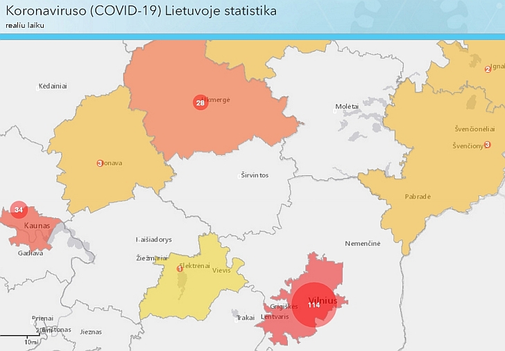 Skelbiami žemėlapiai rodo, kad COVID-19 Širvintų rajone niekas neserga.