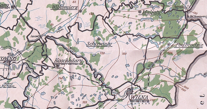 I Pasaulinio karo laikų vokiečių sudaryto Oberosto žemėlapio fragmentas. Širvintų apskritis savo dydžiu nenusileido Vilniaus ir Ukmergės apskritims, buvo didesnė už Molėtų ir Pabradės apskritis, su kuriomis taip pat ribojosi.