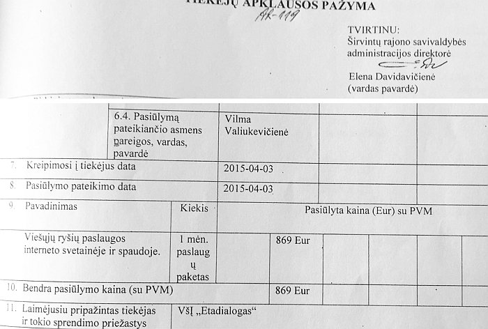 Vien tik balandžio mėnesio „aslaugoms“ „Krašto naujienose“ Savivaldybė skyrė 869 EUR (3000 Lt).