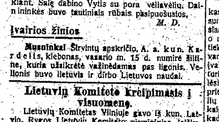 Trumpa žinutė apie Musninkuose 2018 metų vasario 15-ąją mirusį kunigą Liudviką Kardelį.