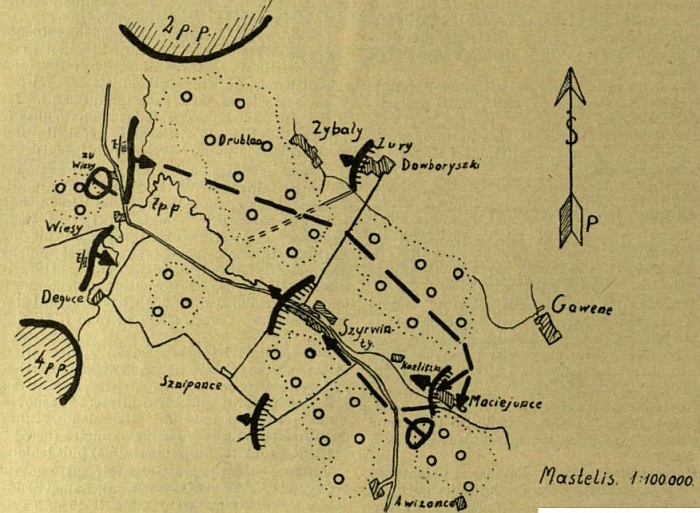 Širvintų mūšio schema. „Kardas“, 1938 m., Nr. 13-14. Širvintų mūšio schema. „Kardas“, 1938 m., Nr. 13-14.