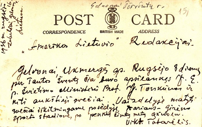 Pašto atvirukas „Amerikos Lietuvio“ redakcijai. 